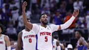 May 1, 2025; Detroit, Michigan, USA; Detroit Pistons guard Malik Beasley (5) fires up the crowd in the first half against the New York Knicks during game six of first round for the 2024 NBA Playoffs at Little Caesars Arena. Mandatory Credit: Rick Osentoski-Imagn Images