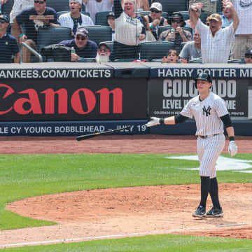 Jul 6, 2024; Bronx, New York, USA; New York Yankees first baseman Ben Rice (93) hits a three-run home run during the fifth inning against the Boston Red Sox at Yankee Stadium.