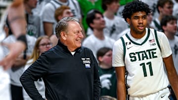 Michigan State's head coach Tom Izzo, left, smiles while talking with Jase Richardson during the game against Minnesota on Tuesday, Jan. 28, 2025, at the Breslin Center in East Lansing.