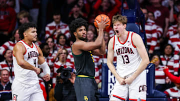 Jan 14, 2025; Tucson, Arizona, USA; Arizona Wildcats forward Henri Veesaar (13) celebrates after Baylor Bears fouls him during the first half at McKale Center. Mandatory Credit: Aryanna Frank-Imagn Images