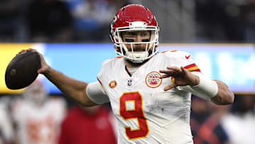 Jan 7, 2024; Inglewood, California, USA; Kansas City Chiefs quarterback Blaine Gabbert (9) throws a pass against the Los Angeles Chargers during the second half at SoFi Stadium. Mandatory Credit: Orlando Ramirez-Imagn Images