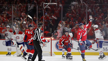 Ovechkin celebrates after scoring the game-winning goal for the Capitals in overtime against the Canadiens in the opening game of the first-round playoff series.