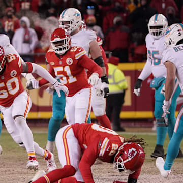 Kansas City Chiefs linebacker Willie Gay (50) moves in to recover the ball against the Miami Dolphins during the second half of the 2023 AFC wild card game at GEHA Field at Arrowhead Stadium. 