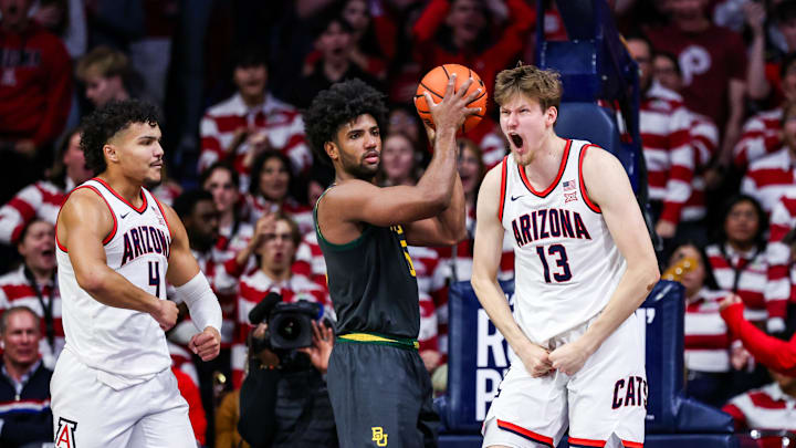 Jan 14, 2025; Tucson, Arizona, USA; Arizona Wildcats forward Henri Veesaar (13) celebrates after Baylor Bears fouls him during the first half at McKale Center. Mandatory Credit: Aryanna Frank-Imagn Images