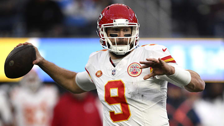 Jan 7, 2024; Inglewood, California, USA; Kansas City Chiefs quarterback Blaine Gabbert (9) throws a pass against the Los Angeles Chargers during the second half at SoFi Stadium. Mandatory Credit: Orlando Ramirez-Imagn Images