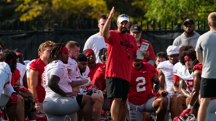 Aug 1, 2024; Columbus, OH, USA; Ohio State Buckeyes head coach Ryan Day addresses his team during football camp at the Woody Hayes Athletic Complex.