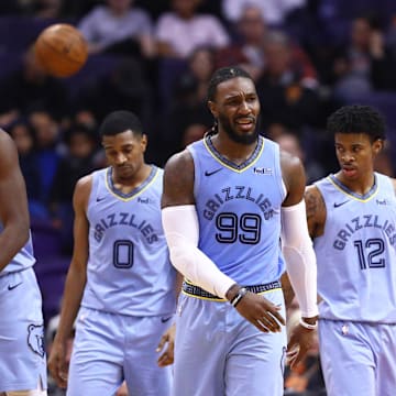 Memphis Grizzlies forward Jaren Jackson Jr. (13), guard De'Anthony Melton (0), forward Jae Crowder (99) and guard Ja Morant (12) against the Phoenix Suns at Talking Stick Resort Arena. 