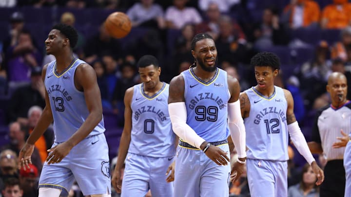 Memphis Grizzlies forward Jaren Jackson Jr. (13), guard De'Anthony Melton (0), forward Jae Crowder (99) and guard Ja Morant (12) against the Phoenix Suns at Talking Stick Resort Arena. 