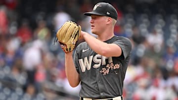 Aug 31, 2024; Washington, District of Columbia, USA; Washington Nationals starting pitcher DJ Herz (74) prepares to throw a pitch against the Chicago Cubs during the first inning at Nationals Park