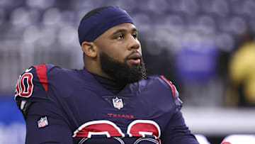 Dec 26, 2021; Houston, Texas, USA; Houston Texans defensive tackle Ross Blacklock (90) warms up before the game against the Los Angeles Chargers at NRG Stadium. Mandatory Credit: Troy Taormina-Imagn Images