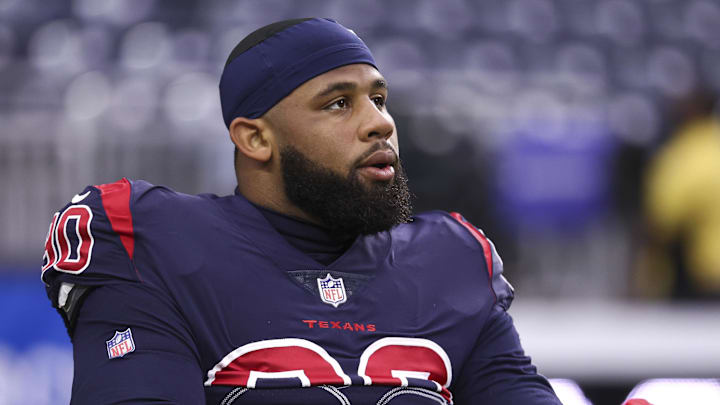 Dec 26, 2021; Houston, Texas, USA; Houston Texans defensive tackle Ross Blacklock (90) warms up before the game against the Los Angeles Chargers at NRG Stadium. Mandatory Credit: Troy Taormina-Imagn Images