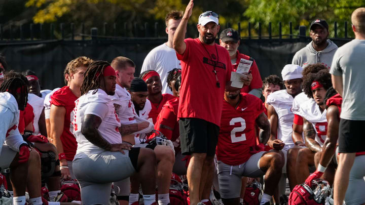 Aug 1, 2024; Columbus, OH, USA; Ohio State Buckeyes head coach Ryan Day addresses his team during football camp at the Woody Hayes Athletic Complex.