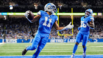Detroit Lions wide receiver Kalif Raymond (11) runs for a touchdown against Tennessee Titans during the second half at Ford Field in Detroit on Sunday, Oct. 27, 2024.