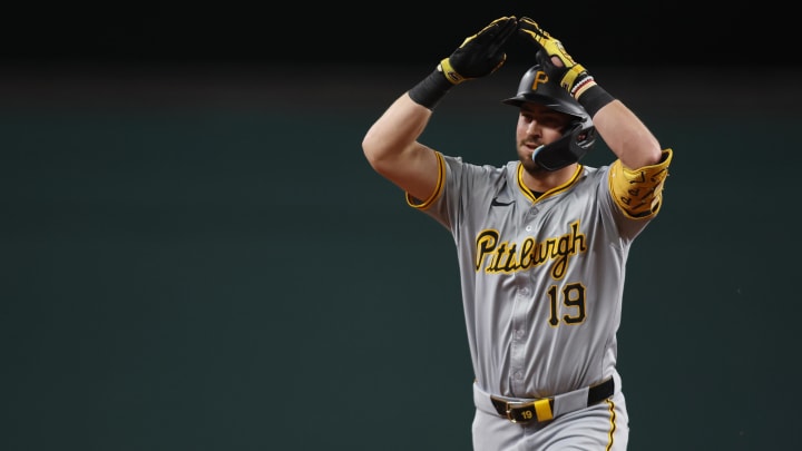 Pittsburgh Pirates third baseman Jared Triolo (19) reacts as he rounds the bases after hitting a three-run home run against the Texas Rangers in the fourth inning at Globe Life Field. 