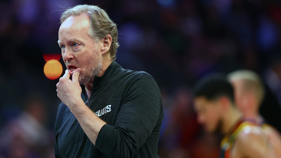 Apr 9, 2025; Phoenix, Arizona, USA; Phoenix Suns head coach Mike Budenholzer reacts during the second half against the Oklahoma City Thunder at Footprint Center. Mandatory Credit: Mark J. Rebilas-Imagn Images