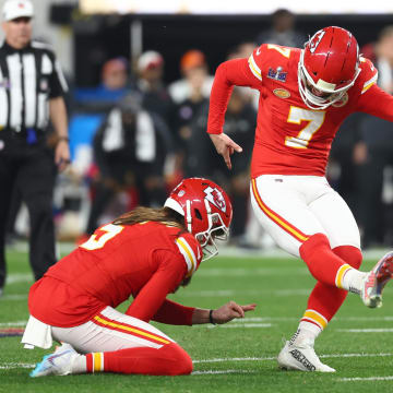 Feb 11, 2024; Paradise, Nevada, USA; Kansas City Chiefs place kicker Harrison Butker (7) kicks a field goal against the San Francisco 49ers in the fourth quarter in Super Bowl LVIII at Allegiant Stadium. Mandatory Credit: Mark J. Rebilas-USA TODAY Sports