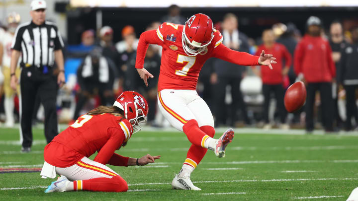 Feb 11, 2024; Paradise, Nevada, USA; Kansas City Chiefs place kicker Harrison Butker (7) kicks a field goal against the San Francisco 49ers in the fourth quarter in Super Bowl LVIII at Allegiant Stadium. Mandatory Credit: Mark J. Rebilas-USA TODAY Sports