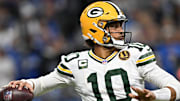 Nov 27, 2025; Detroit, Michigan, USA; Green Bay Packers quarterback Jordan Love (10) throws a pass against the Detroit Lions during the first quarter at Ford Field. Mandatory Credit: Lon Horwedel-Imagn Images