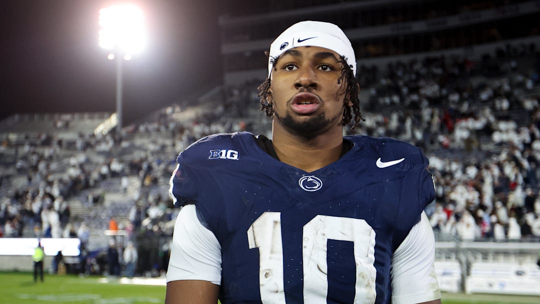 Penn State Nittany Lions running back Nicholas Singleton (10) stands on the field following the game against the Nebraska Cornhuskers at Beaver Stadium. 