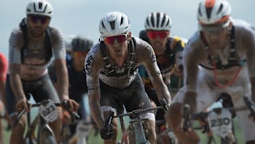Unbound Gravel men's elite 200 riders on Saturday push toward Little Egypt Road during the race.