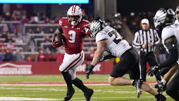 Nov 16, 2024; Madison, Wisconsin, USA;  Wisconsin Badgers running back Tawee Walker (3) during the game against the Oregon Ducks at Camp Randall Stadium. Mandatory Credit: Jeff Hanisch-Imagn Images