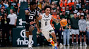 Mar 1, 2025; Fort Collins, Colorado, USA; Colorado State Rams guard Kyan Evans (0) dribbles the ball up court under pressure from Utah State Aggies guard Deyton Albury (13) in the first half at Moby Arena. Mandatory Credit: Isaiah J. Downing-Imagn Images