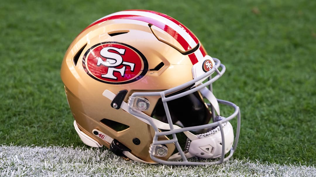 Jan 5, 2025; Glendale, Arizona, USA; Detailed view of a San Francisco 49ers helmet at State Farm Stadium. Mandatory Credit: Mark J. Rebilas-Imagn Images