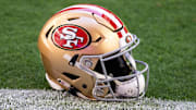 Jan 5, 2025; Glendale, Arizona, USA; Detailed view of a San Francisco 49ers helmet at State Farm Stadium. Mandatory Credit: Mark J. Rebilas-Imagn Images