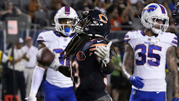 Aug 17, 2025; Chicago, Illinois, USA; Chicago Bears running back Ian Wheeler (33) scores a touchdown  against the Buffalo Bills during the second half at Soldier Field. Mandatory Credit: David Banks-Imagn Images