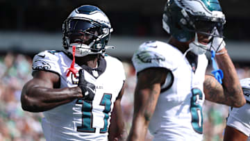 Philadelphia Eagles wide receiver AJ. Brown (11) reacts after scoring a touchdown against the Los Angeles Rams during the first half at Lincoln Financial Field.
