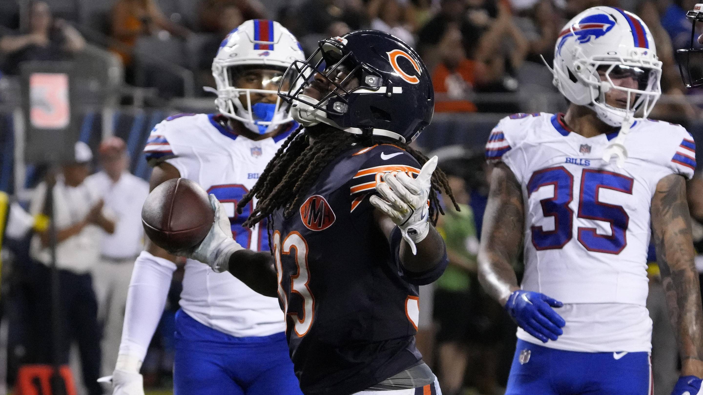 Former Bears running back Ian Wheeler scores a touchdown against the Buffalo Bills at Soldier Field.