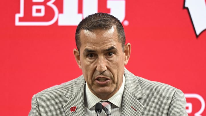 Jul 23, 2024; Indianapolis, IN, USA; Wisconsin Badgers head coach Luke Fickell speaks to the media during the Big 10 football media day at Lucas Oil Stadium. Mandatory Credit: Robert Goddin-USA TODAY Sports