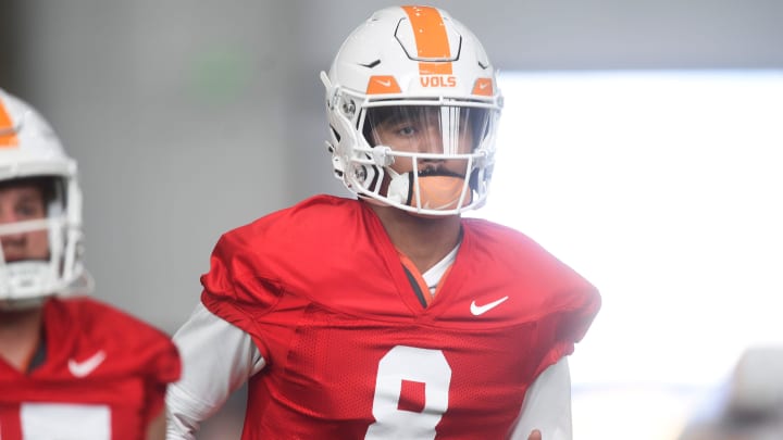 Tennessee’s Nico Iamaleava (8) during Tennessee football’s first fall practice, in Knoxville, Tenn., Wednesday, July 31, 2024.