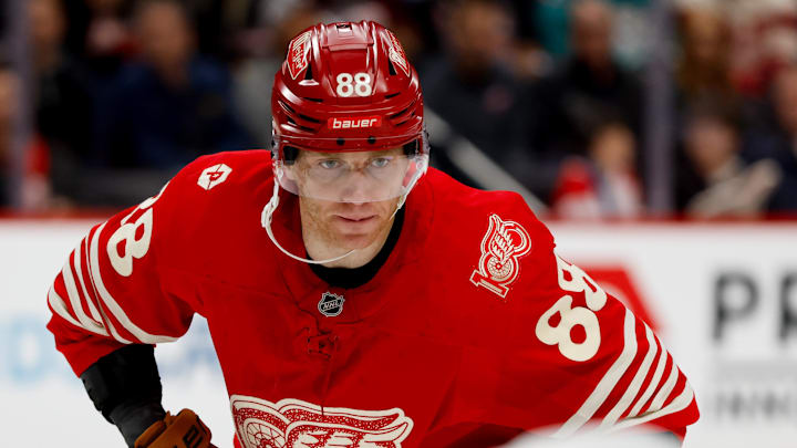 Mar 6, 2026; Detroit, Michigan, USA;  Detroit Red Wings right wing Patrick Kane (88) gets set during a face-off in the second period against the Florida Panthers at Little Caesars Arena. Mandatory Credit: Rick Osentoski-Imagn Images