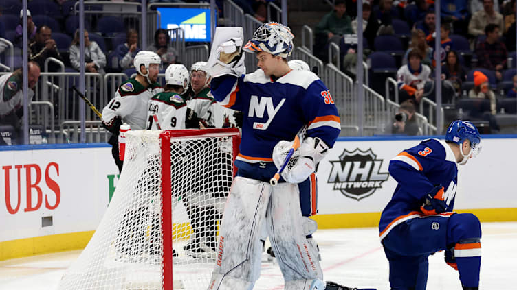 Nov 10, 2022; Elmont, New York, USA; New York Islanders goaltender Ilya Sorokin (30) and defenseman