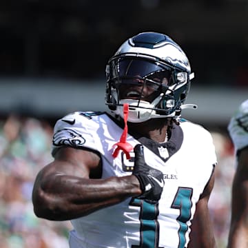 Sep 21, 2025; Philadelphia, Pennsylvania, USA; Philadelphia Eagles wide receiver AJ. Brown (11) reacts after scoring a touchdown against the Los Angeles Rams during the first half at Lincoln Financial Field. Mandatory Credit: Bill Streicher-Imagn Images