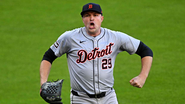 Oct 7, 2024; Cleveland, Ohio, USA; Tigers’ Tarik Skubal celebrates inning-ending double play vs. Guardians in ALDS.