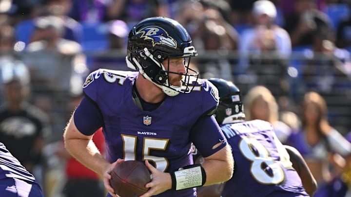 Baltimore Ravens quarterback Cooper Rush looks back to pass during the third quarter against the Houston Texans.