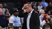 Dec 21, 2024; New York, NY, USA; North Carolina Tar Heels head coach Hubert Davis reacts during the second half against the UCLA Bruins at Madison Square Garden. Mandatory Credit: John Jones-Imagn Images