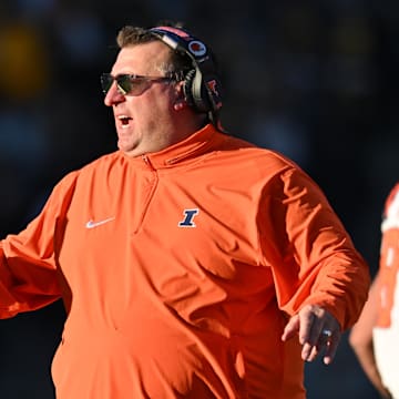 Nov 18, 2023; Iowa City, Iowa, USA; Illinois Fighting Illini head coach Bret Bielema reacts during the second quarter against the Iowa Hawkeyes at Kinnick Stadium. Mandatory Credit: Jeffrey Becker-Imagn Images