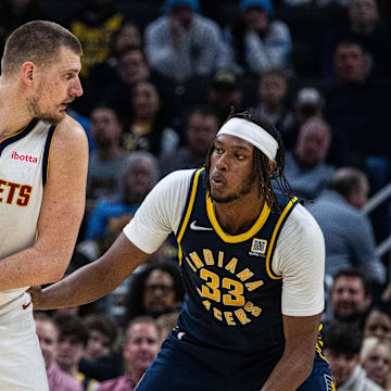 Jokic sizes up Myles Turner.