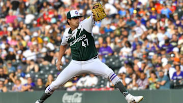 Jun 22, 2024; Denver, Colorado, USA; Colorado Rockies pitcher Cal Quantrill (47) delivers against the Washington Nationals in the first inning at Coors Field.