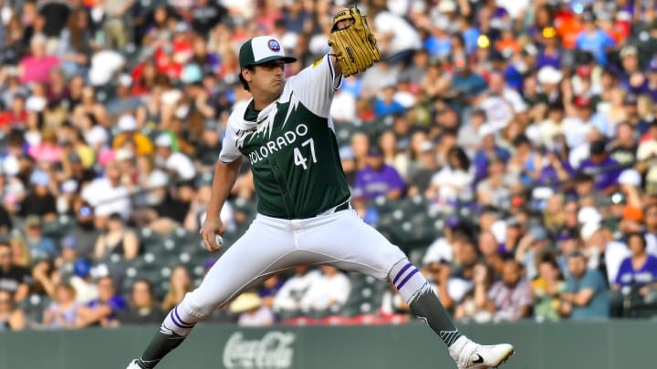 Jun 22, 2024; Denver, Colorado, USA; Colorado Rockies pitcher Cal Quantrill (47) delivers against the Washington Nationals in the first inning at Coors Field.