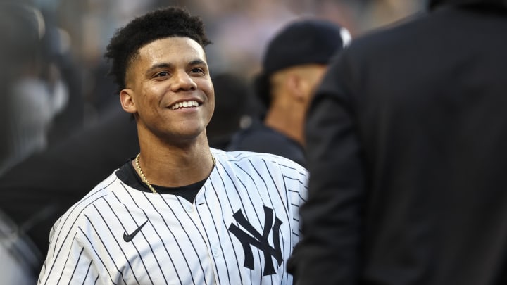 Aug 21, 2024; Bronx, New York, USA;  New York Yankees right fielder Juan Soto (22) celebrates in the dugout after hitting a two run home run in the first inning against the Cleveland Guardians at Yankee Stadium. Mandatory Credit: Wendell Cruz-USA TODAY Sports