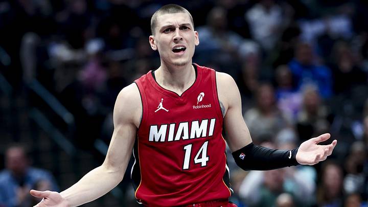 Miami Heat guard Tyler Herro (14) reacts (Mandatory Credit: Kevin Jairaj-Imagn Images)