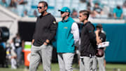 Oct 12, 2025; Jacksonville, Florida, USA; Jacksonville Jaguars head coach Liam Coen looks on during warm ups before the game against the Seattle Seahawks at EverBank Stadium. Mandatory Credit: Travis Register-Imagn Images