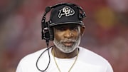 Sep 12, 2025; Houston, Texas, USA; Colorado Buffaloes head coach Deion Sanders looks on from the sideline during the first half against the Houston Cougars at TDECU Stadium. Mandatory Credit: Troy Taormina-Imagn Images