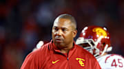 Oct 11, 2014; Tucson, AZ, USA; Southern California Trojans defensive line coach Chris Wilson against the Arizona Wildcats at Arizona Stadium. The Trojans defeated the Wildcats 28-26. Mandatory Credit: Mark J. Rebilas-Imagn Images