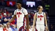 Jan 4, 2025; Oxford, Mississippi, USA; Mississippi Rebels forward Malik Dia (0) reacts during the second half against the Georgia Bulldogs at The Sandy and John Black Pavilion at Ole Miss. Mandatory Credit: Petre Thomas-Imagn Images