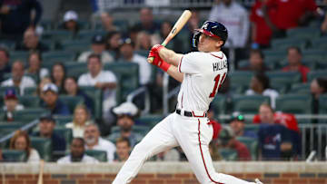 Apr 25, 2023; Atlanta, Georgia, USA; Atlanta Braves center fielder Sam Hilliard (14) hits a RBI